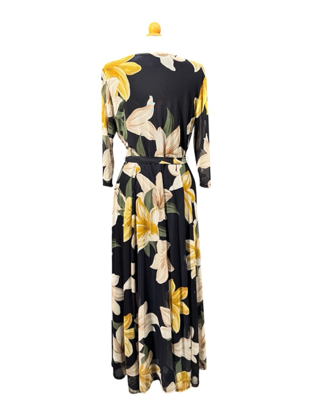 Black Floral Faux Wrap Maxi Dress with Yellow Bloom Accents - Picture 2 of 9